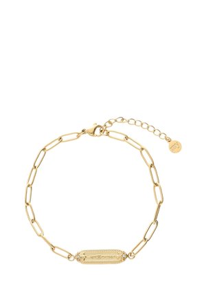 Goldene Kettenarmband mit länglichen Gliedern, einem rechteckigen strukturierten Mittelpunkt mit zwei kleinen Steinen und einem verstellbaren Verschluss.