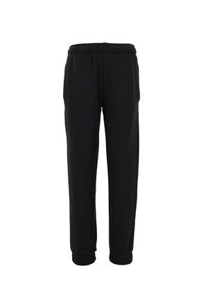 Schwarze Fleece-Jogginghosen mit elastischem Bund, schmal zulaufenden Bündchen und glatter Textur. Das Design hat keine sichtbaren Taschen oder Muster.