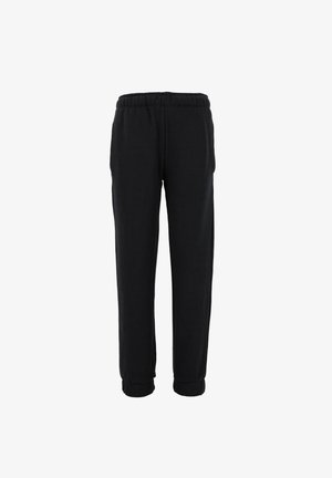 Zwarte fleece joggers met een elastische tailleband, taps toelopende manchetten en een zachte textuur. Het ontwerp heeft geen zichtbare zakken of patronen.