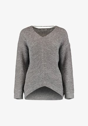 Gray knitted sweater with a V-neck, long sleeves, and an asymmetrical hem. Textured fabric with a chunky weave.