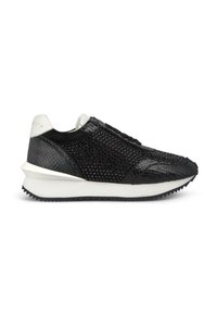 Baskets noires avec une tige texturée, semblable à celle des reptiles, et des accents métalliques. Présentent une semelle intermédiaire blanche et une semelle en caoutchouc noire pour l'adhérence.