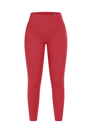 Leggings rossi realizzati in tessuto elastico, caratterizzati da una vita alta, design aderente e superficie liscia senza motivi o accenti visibili.