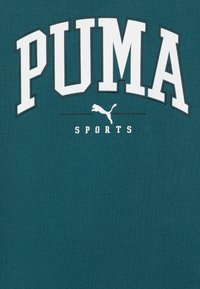 Sudadera verde azulado con el destacado texto blanco "PUMA" y un pequeño logotipo de puma blanco, sobre un fondo texturizado de mezcla de algodón.