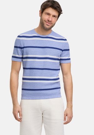 Korte mouwen, ronde halstrui gemaakt van textuurstof in verschillende tinten blauw met witte en marineblauwe strepen. Casual pasvorm.