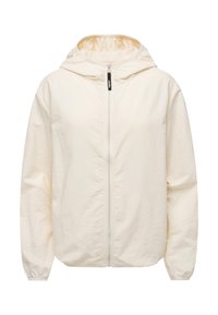 Lett, kremfarget jakke med hette, hel frontglidelås, elastiske mansjetter og mykt, teksturert stoff. Ingen synlige mønstre eller detaljer.