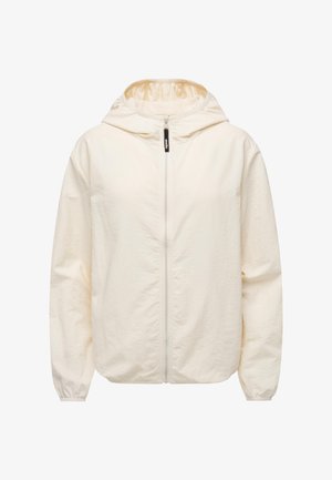 Lichtgewicht, crèmekleurig jack met capuchon, volledige ritssluiting aan de voorkant, elastische manchetten en zachte, gestructureerde stof. Geen zichtbare patronen of accenten.