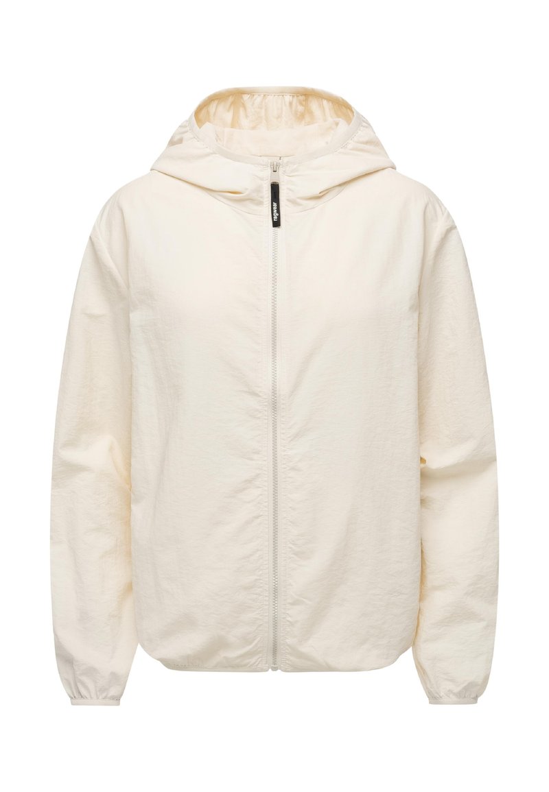 Lett, kremfarget jakke med hette, hel frontglidelås, elastiske mansjetter og mykt, teksturert stoff. Ingen synlige mønstre eller detaljer.
