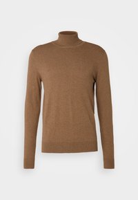 Maglione lungo a maniche con collo alto di colore marrone in tessuto morbido, con colletto e orlo a coste, caratterizzato da una texture liscia e un design aderente.