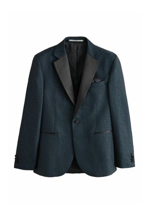 Ciemnoniebieska marynarka w kwiatowy wzór, z czarnymi satynowymi klapami, dwiema guzikami i kieszeniami bocznymi. Posiada poszetkę w kieszeni piersiowej.