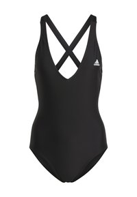 Costume da bagno nero con scollatura a V profonda e spalline incrociate sul retro. Realizzato in materiale liscio, presenta un piccolo logo bianco sul petto.