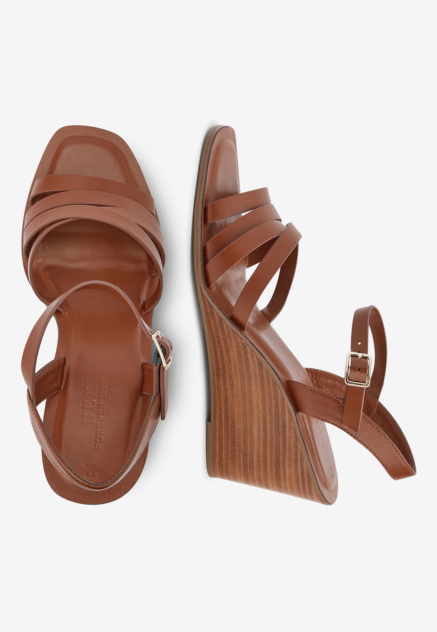 Next TAN STRAPPY WOOD HEEL WEDGES 