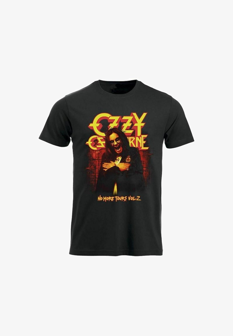 Svart T-skjorte med grafikk av Ozzy Osbourne som krysser armene, gult-rødt logo over, og teksten "No More Tours Vol. 2" nedenfor.