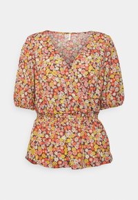 Blomstret bluse med en brun baggrund. Har farverige blomstermønstre i gul, pink og hvid. V-hals design og elastisk talje.