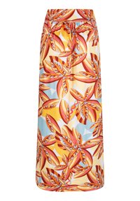 Lange rok met een levendig tropisch bladerenpatroon in tinten oranje, rood en blauw. Voorzien van een elastische tailleband en een vloeiende stof.