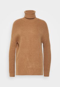 Brunstickad tröja med hög turtleneck, ribbad textur, långa ärmar och en avslappnad passform.
