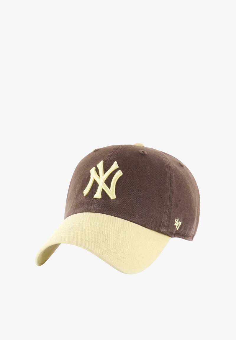 Brown and beige baseball cap featuring embroidered "NY" logo on front and small "'47" logo on side.