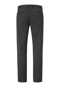 Dark gray trousers made of textured fabric. Features two back pockets with buttons and a standard waistband design. Straight leg fit.