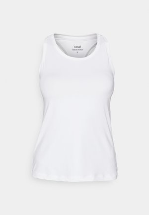 Valkoinen ilman hihoja oleva tank top, joka on valmistettu kevyestä ja sileästä kankaasta. Ominaisuuksiin kuuluu pyöreä pääntie ja rento istuvuus, mikä tekee siitä ihanteellisen aktiiviseen käyttöön.