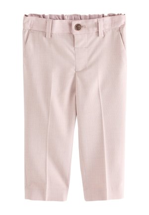 Pantaloni roz deschis pentru copii mici, cu nasture, talie elastică, găici pentru curea și buzunare frontale, confecționați din țesătură texturată.