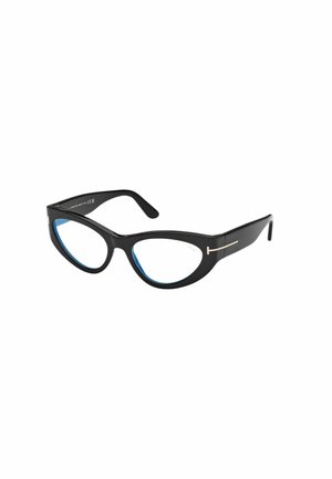 Czarne okulary kocie oko z niebieskim przyciemnieniem soczewek i cienkimi złotymi akcentami na zausznikach na białym tle.