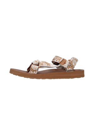 Sandali marroni con cinturini in tessuto intrecciato con un motivo crema e marrone, suola in gomma e chiusure in Velcro regolabili per una vestibilità ottimale.