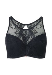 Musta pitsinen bralette, jossa on kukkakuvioita, verkkopaneeleita, pyöreä pääntie ja nappikohta keskellä edessä.