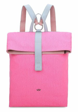 Pink fabric backpack with a smooth, gray leather strap and accents. Features a fold-over design and a circular hardware detail at the back.