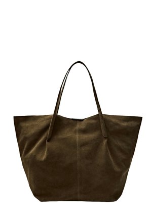 Große braune Wildlederhandtasche mit zwei Schulterriemen und einem einfachen, schlichten Design.