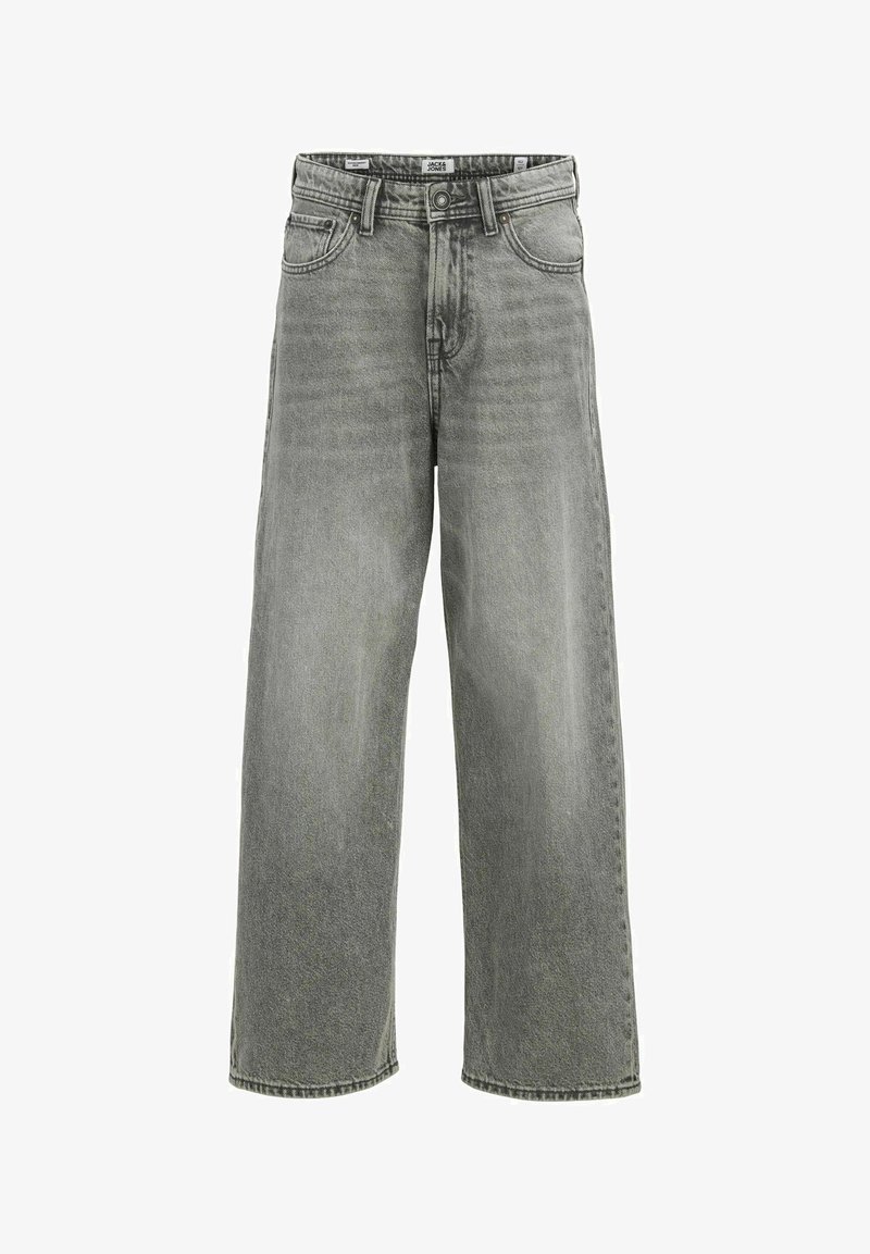 Jeans de pierna ancha en gris claro con un lavado desgastado, cintura alta, cinco bolsillos y lazos para cinturón. Tela de mezclilla con una textura suave y un acabado limpio.