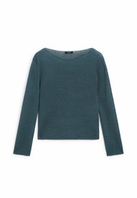 Teal knitted long-sleeve top with a wide round neckline. Lightweight fabric with a textured finish. Straight cut and minimal design details.