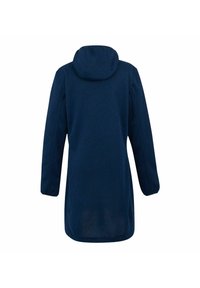 Manteau bleu marine à manches longues avec capuche attachée, poignets élastiques et ourlet droit, vu de dos sur fond blanc.