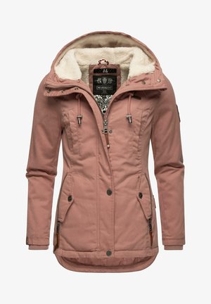 Hellrosa Outdoor-Jacke mit Kunstfell-Innenfutter, verstellbarer Kapuze, Reißverschluss- und Druckknopfverschluss, zwei Vordertaschen und gerippten Bündchen.