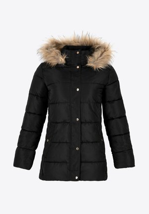 Black puffer jacket with a fur-lined hood, featuring a stitched pattern, front snap closures, and side pockets. Accents in gold.