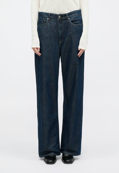 Donkerblauwe wide-leg jeans gemaakt van denim, met een hoge taille, voorzakken en een ritssluiting met knoopsluiting.