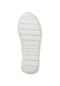 Weiße Sneaker-Sohle mit strukturiertem Grip, ausgestattet mit horizontalen Rillen und einem kreisförmigen Muster an der Zehenpartie. Insgesamt glatte und gummierte Oberfläche.