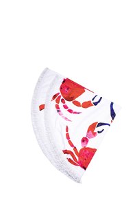 Round beach towel with a white base, featuring vibrant red crab illustrations and blue accents, bordered with white fringe for texture.