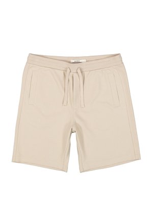 Shorts en tricot beige texturé avec taille élastique, cordon de serrage et deux poches avant, posés à plat sur fond blanc.