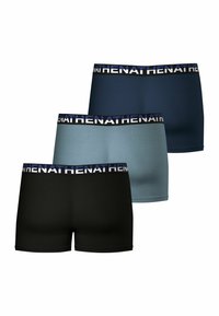 Trois paires de boxers pour hommes en noir, bleu clair et marine avec une ceinture noire comportant le nom de la marque en blanc et des accents bleus.