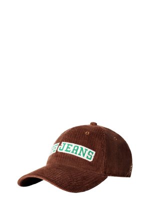 Braune Cord-Baseballkappe mit gebogenem Schirm und weißem Aufnäher vorne mit dem Schriftzug "PEPE JEANS" in grünen Buchstaben.