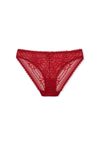 Rote Spitzenslips mit floralen Mustern, gewellten Kanten und einem komfortablen Sitz. Filigrane Details verleihen dem Gesamtdesign eine besondere Note.