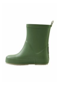Bottes de pluie en caoutchouc vertes avec une semelle à texture antidérapante, finition lisse et une languette à l'arrière. Design hauteur cheville pour un enfilage facile.