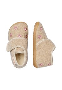 Beige filtslor med en texturerad yta, blomsterbroderi i rosa och en kardborreband. Gummisula för bra grepp.
