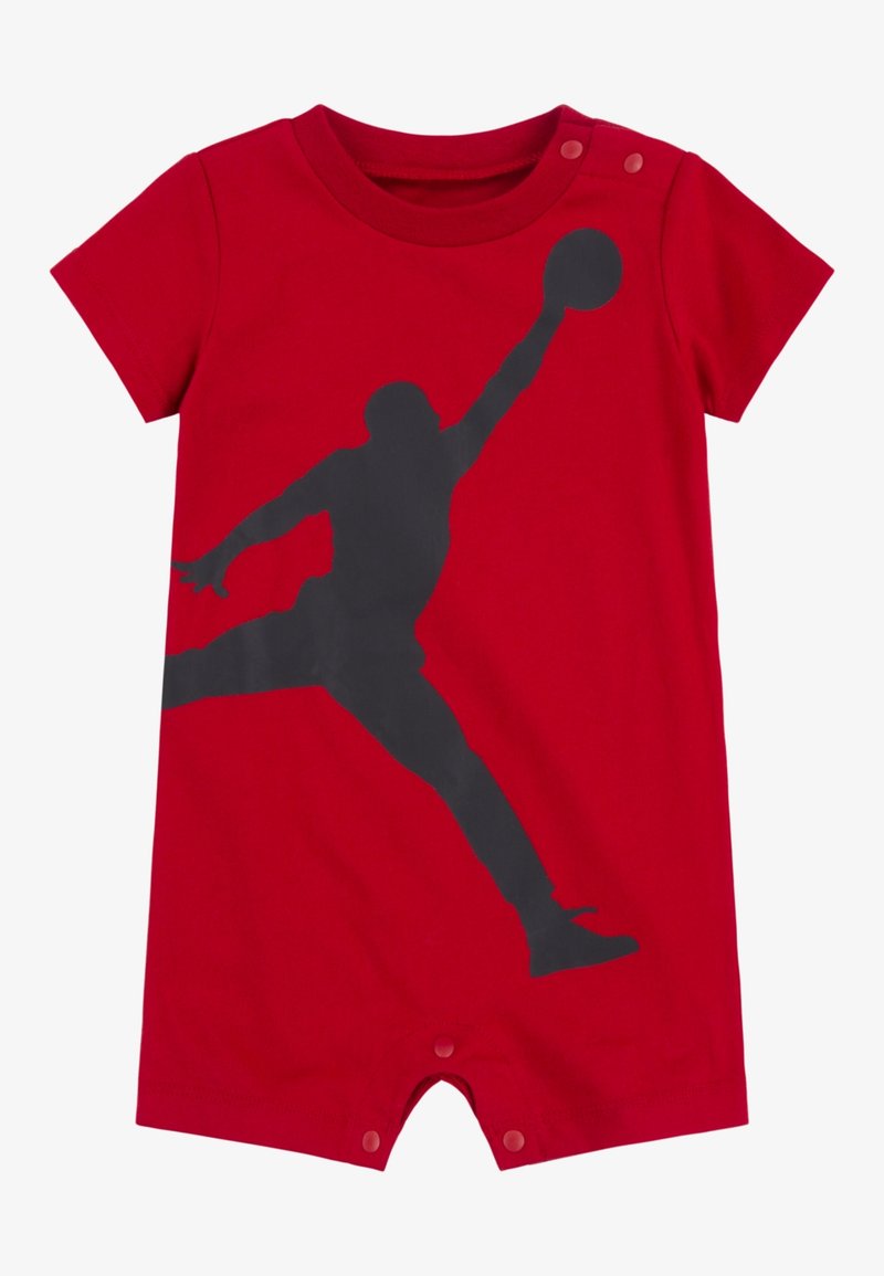 Body rouge à manches courtes en coton, arborant une grande silhouette noir de basket-ball à l'avant et des fermetures à pression en bas.