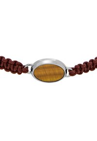 Braided brown cord bracelet featuring an oval tiger's eye stone set in a silver-tone metal bezel, showcasing natural golden-brown patterns.