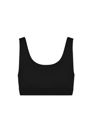 Sort sports-bh med brede stropper, blødt stof og glat tekstur. Har en ensfarvet og simpel, klassisk design.