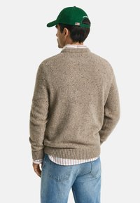 Mann in einem beigen, gesprenkelten Pullover über einem gestreiften Hemd, blauen Jeans und einer grünen Baseballmütze, von hinten gezeigt.