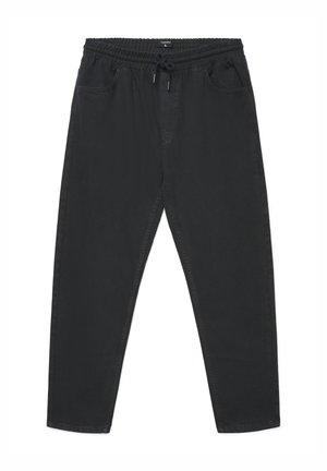 Pantaloni neri con coulisse, vita elasticizzata, due tasche frontali, design con gamba affusolata e tessuto morbido al tatto.