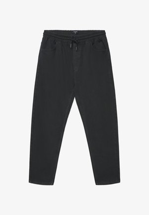 Czarne spodnie z ściągaczem, elastycznym pasem, dwoma przednimi kieszeniami, zwężanym krojem nogawek i miękkim, teksturowanym materiałem.