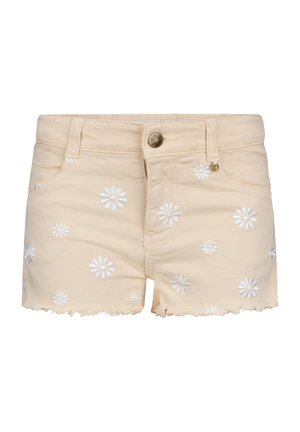 Shorts di denim beige con orli sfrangiati e motivi di margherite ricamate bianche, dotati di tasche frontali e chiusura con bottone.