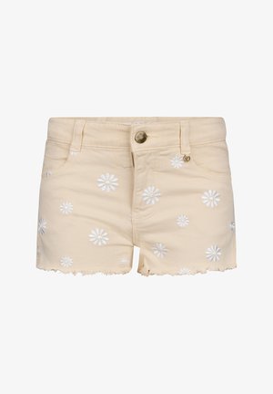 Beige Jeans-Shorts mit ausgefransten Säumen und weißen bestickten Gänseblümchenmustern, mit frontalen Taschen und Knopfverschluss.